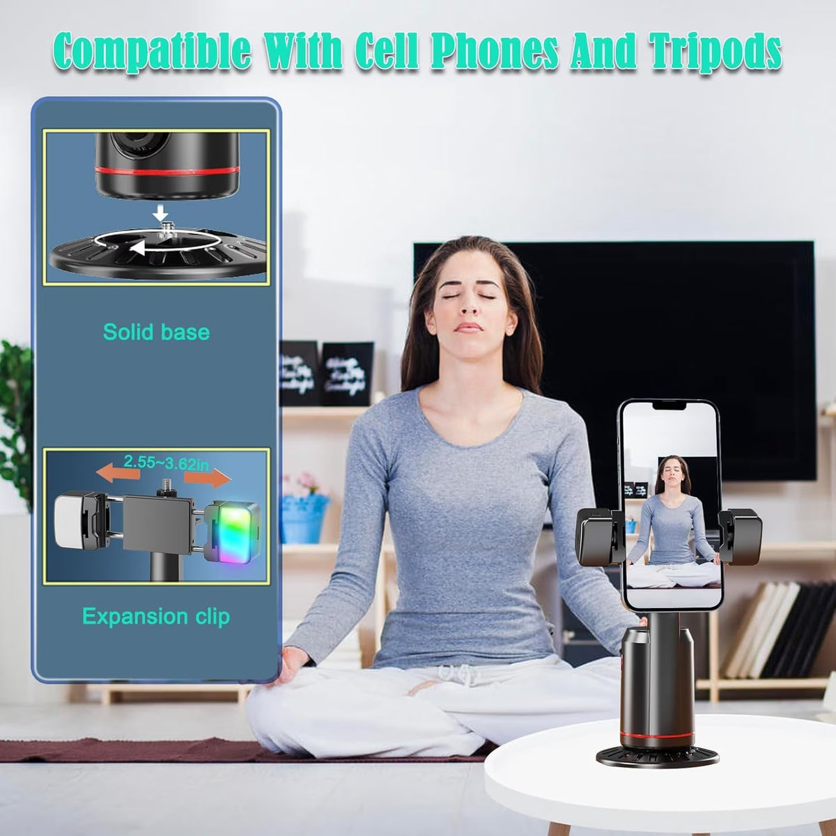 Auto Face Tracking Tripod,Ai Smarts 360° Rotating Auto Tracking Phone Stand, No App Required,Camera Stand with Remote and RGB Fill Lights,Rechargeable Shooting Stand for Live Video Recording Tiktok