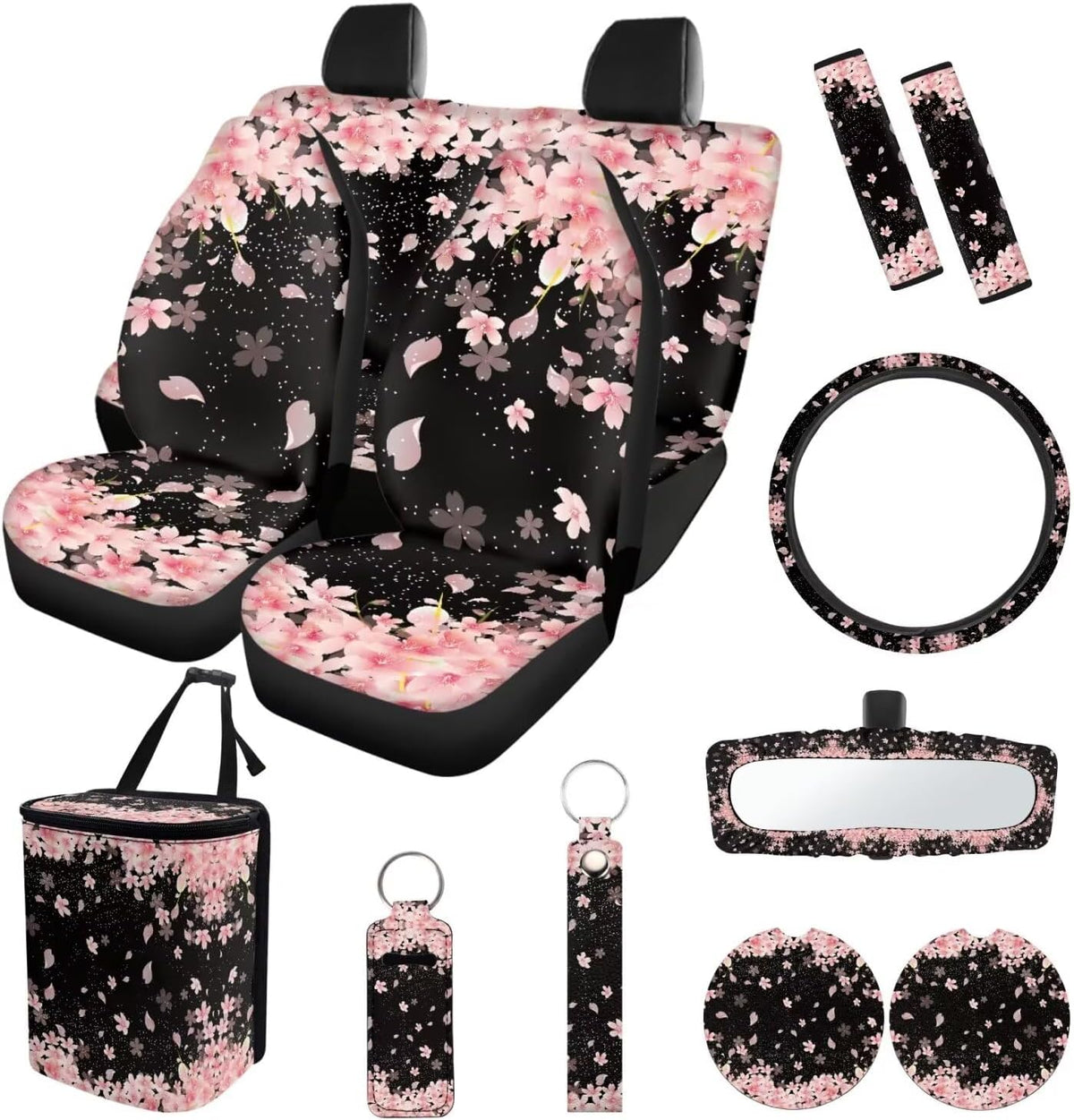 Cherry Blossom Print Car Seat Covers Set of 13 with Universal Steering Wheel Cover, Rearview Mirror Cover, Car Trash Can, Seatbelt Pads, Cup Holder Coasters, Keychains