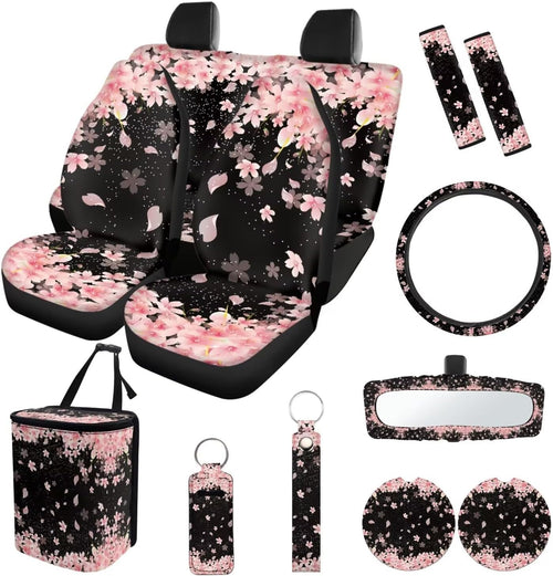 Cherry Blossom Print Car Seat Covers Set of 13 with Universal Steering Wheel Cover, Rearview Mirror Cover, Car Trash Can, Seatbelt Pads, Cup Holder Coasters, Keychains