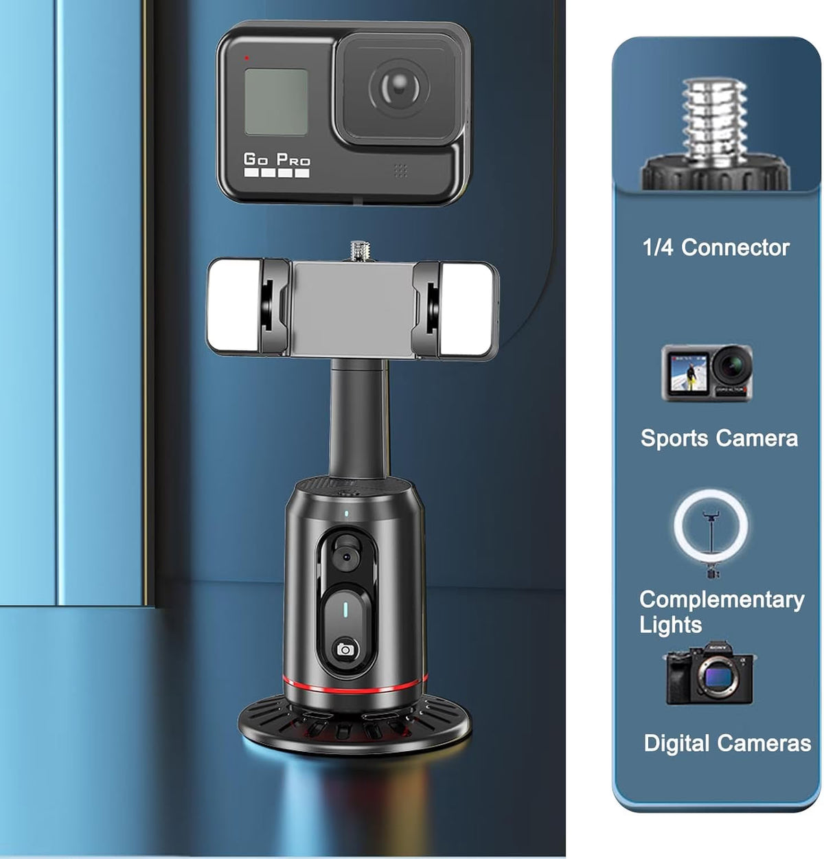 Auto Face Tracking Tripod,Ai Smarts 360° Rotating Auto Tracking Phone Stand, No App Required,Camera Stand with Remote and RGB Fill Lights,Rechargeable Shooting Stand for Live Video Recording Tiktok