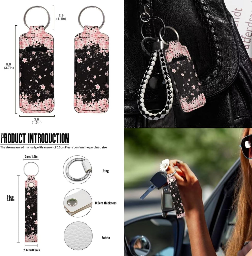 Cherry Blossom Print Car Seat Covers Set of 13 with Universal Steering Wheel Cover, Rearview Mirror Cover, Car Trash Can, Seatbelt Pads, Cup Holder Coasters, Keychains