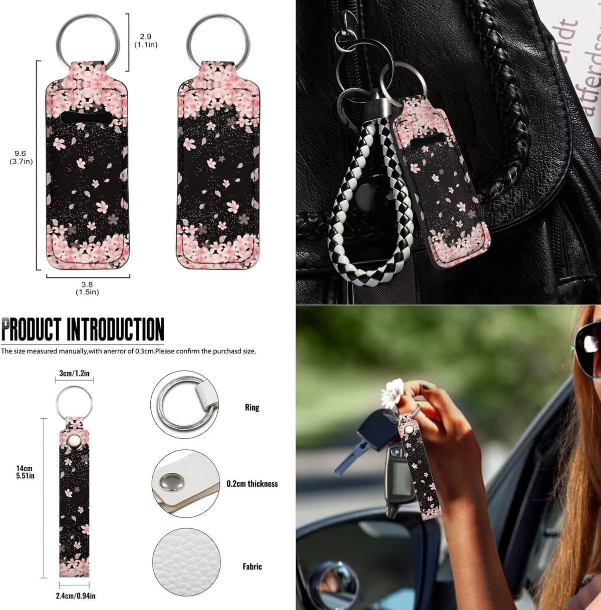Cherry Blossom Print Car Seat Covers Set of 13 with Universal Steering Wheel Cover, Rearview Mirror Cover, Car Trash Can, Seatbelt Pads, Cup Holder Coasters, Keychains