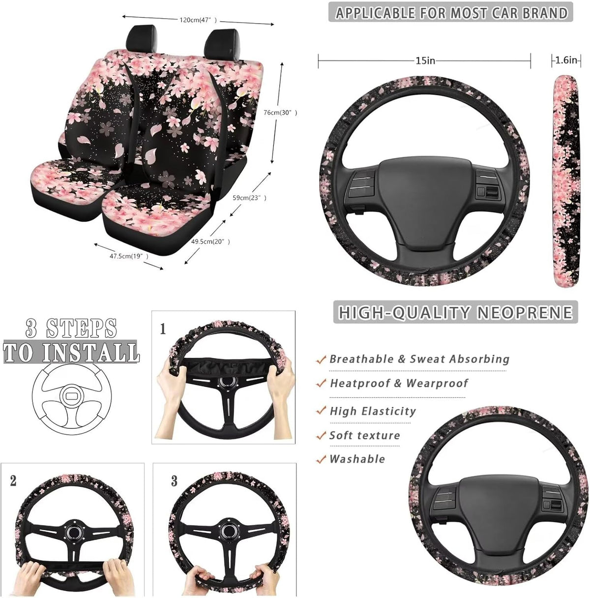 Cherry Blossom Print Car Seat Covers Set of 13 with Universal Steering Wheel Cover, Rearview Mirror Cover, Car Trash Can, Seatbelt Pads, Cup Holder Coasters, Keychains