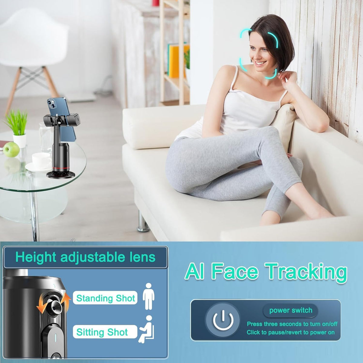 Auto Face Tracking Tripod,Ai Smarts 360° Rotating Auto Tracking Phone Stand, No App Required,Camera Stand with Remote and RGB Fill Lights,Rechargeable Shooting Stand for Live Video Recording Tiktok
