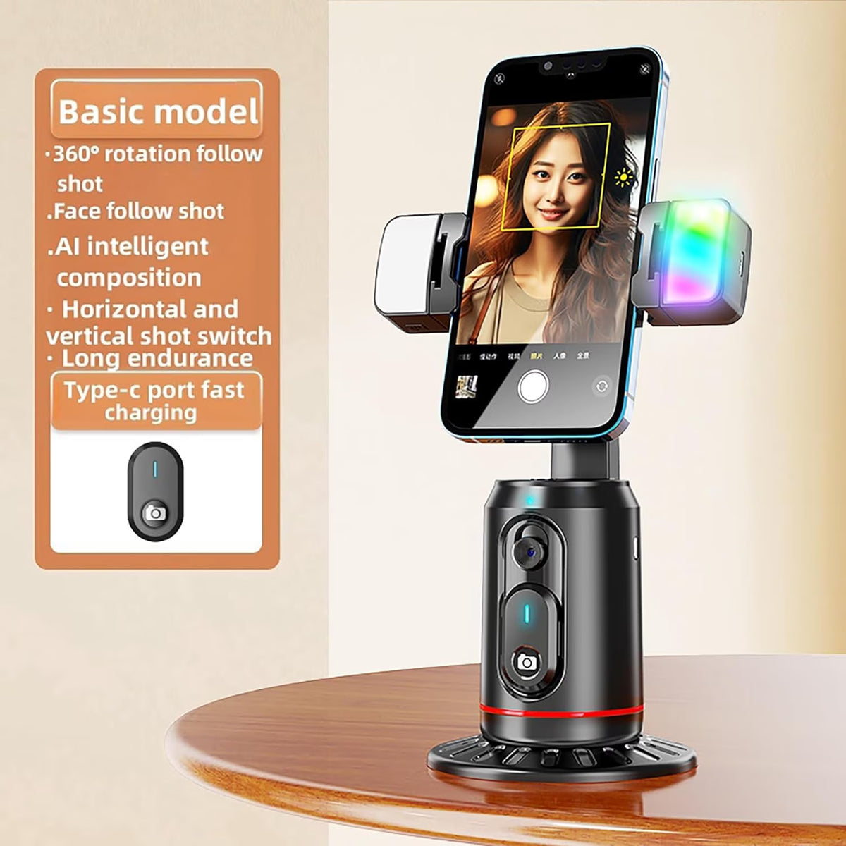 Auto Face Tracking Tripod,Ai Smarts 360° Rotating Auto Tracking Phone Stand, No App Required,Camera Stand with Remote and RGB Fill Lights,Rechargeable Shooting Stand for Live Video Recording Tiktok