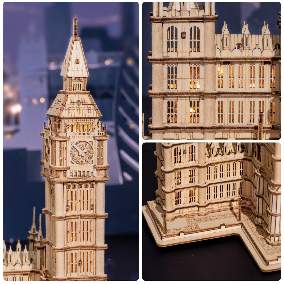 Rolife DIY Wooden 3D Puzzle Big Ben Model Building Kit Brain Teaser Puzzle Toy with LED Light for Home Decor Gifts for Adult Kid
