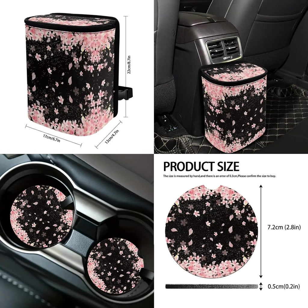 Cherry Blossom Print Car Seat Covers Set of 13 with Universal Steering Wheel Cover, Rearview Mirror Cover, Car Trash Can, Seatbelt Pads, Cup Holder Coasters, Keychains