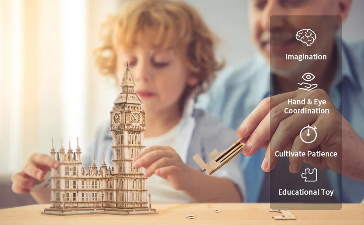 Rolife DIY Wooden 3D Puzzle Big Ben Model Building Kit Brain Teaser Puzzle Toy with LED Light for Home Decor Gifts for Adult Kid