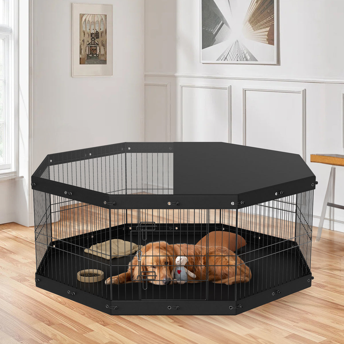VEVOR Dog Playpen, 8 Panels Foldable Metal Dog Exercise Pen with Top Cover and Bottom Pad, 24In H Pet Fence Puppy Crate Kennel, Indoor Outdoor Dog Pen for Small Medium Pets, for Camping, Yard