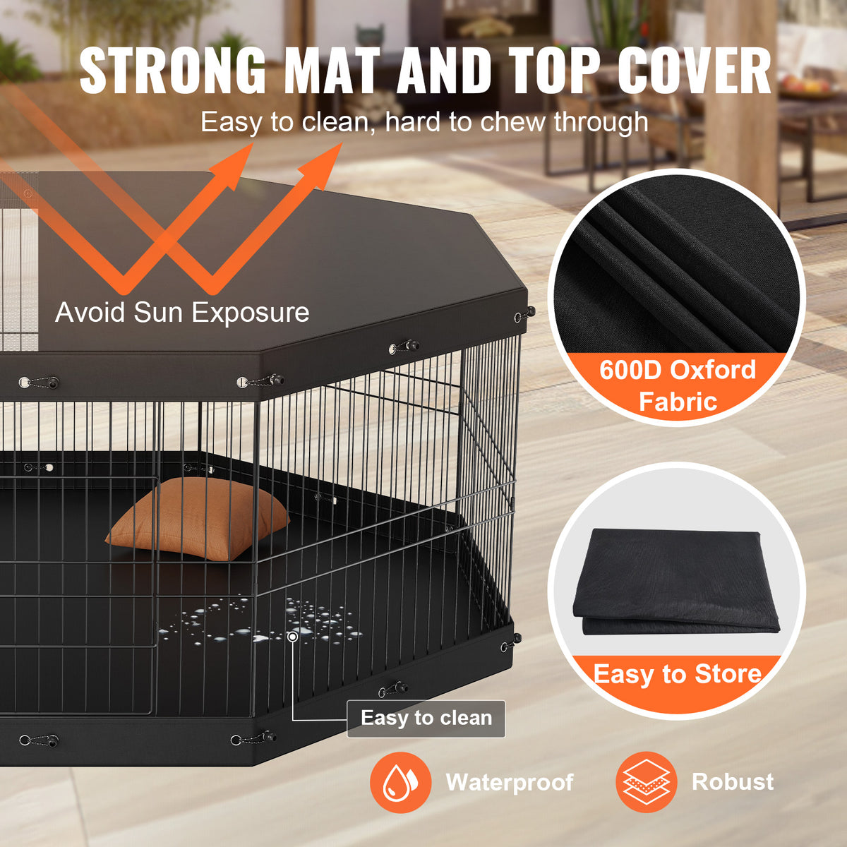 VEVOR Dog Playpen, 8 Panels Foldable Metal Dog Exercise Pen with Top Cover and Bottom Pad, 24In H Pet Fence Puppy Crate Kennel, Indoor Outdoor Dog Pen for Small Medium Pets, for Camping, Yard