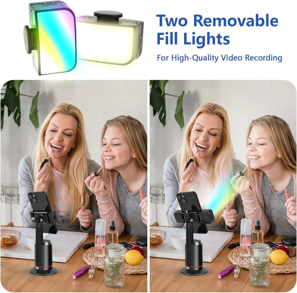 Auto Face Tracking Tripod,Ai Smarts 360° Rotating Auto Tracking Phone Stand, No App Required,Camera Stand with Remote and RGB Fill Lights,Rechargeable Shooting Stand for Live Video Recording Tiktok