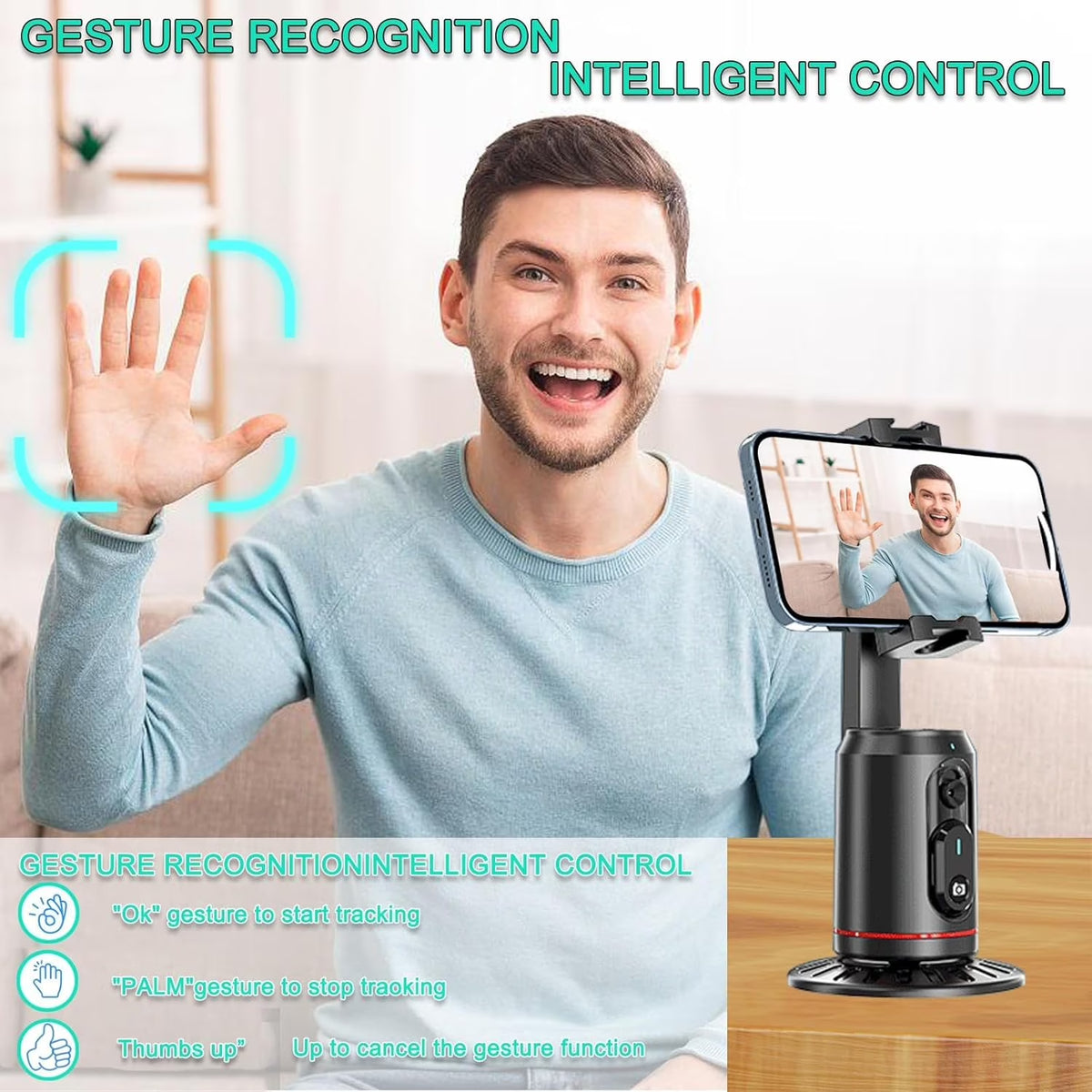 Auto Face Tracking Tripod,Ai Smarts 360° Rotating Auto Tracking Phone Stand, No App Required,Camera Stand with Remote and RGB Fill Lights,Rechargeable Shooting Stand for Live Video Recording Tiktok