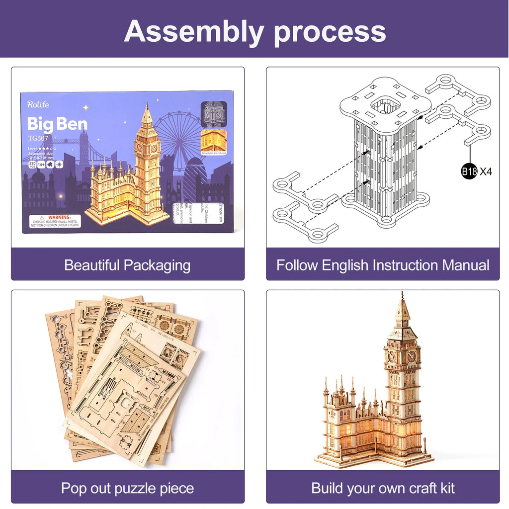 Rolife DIY Wooden 3D Puzzle Big Ben Model Building Kit Brain Teaser Puzzle Toy with LED Light for Home Decor Gifts for Adult Kid