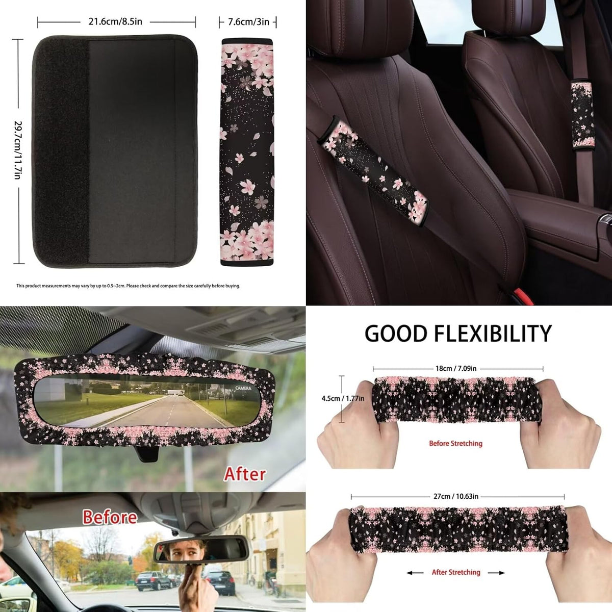 Cherry Blossom Print Car Seat Covers Set of 13 with Universal Steering Wheel Cover, Rearview Mirror Cover, Car Trash Can, Seatbelt Pads, Cup Holder Coasters, Keychains