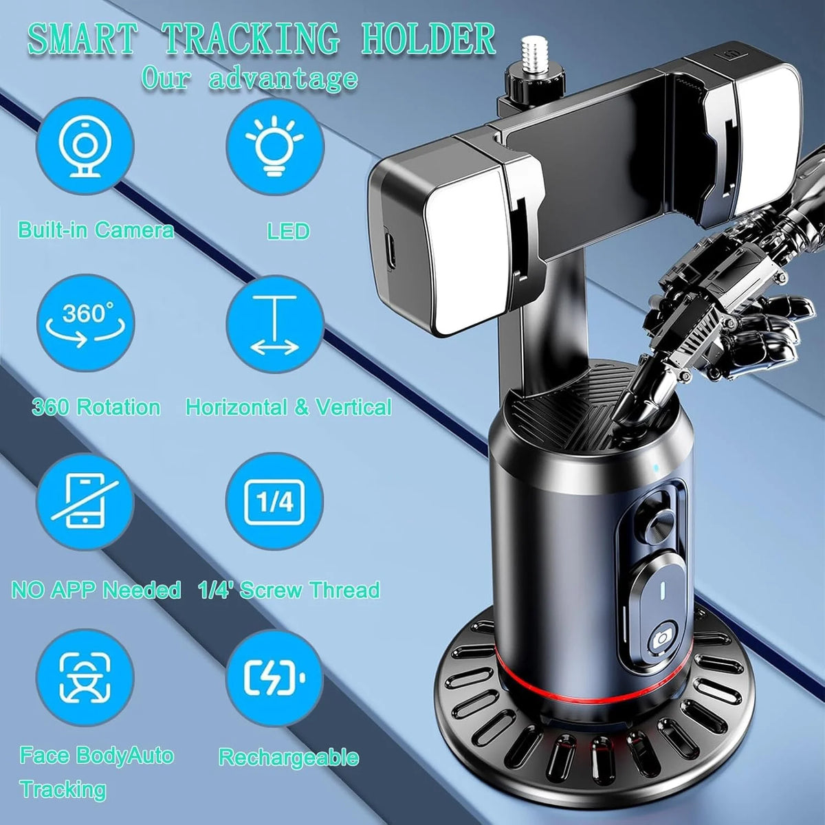 Auto Face Tracking Tripod,Ai Smarts 360° Rotating Auto Tracking Phone Stand, No App Required,Camera Stand with Remote and RGB Fill Lights,Rechargeable Shooting Stand for Live Video Recording Tiktok